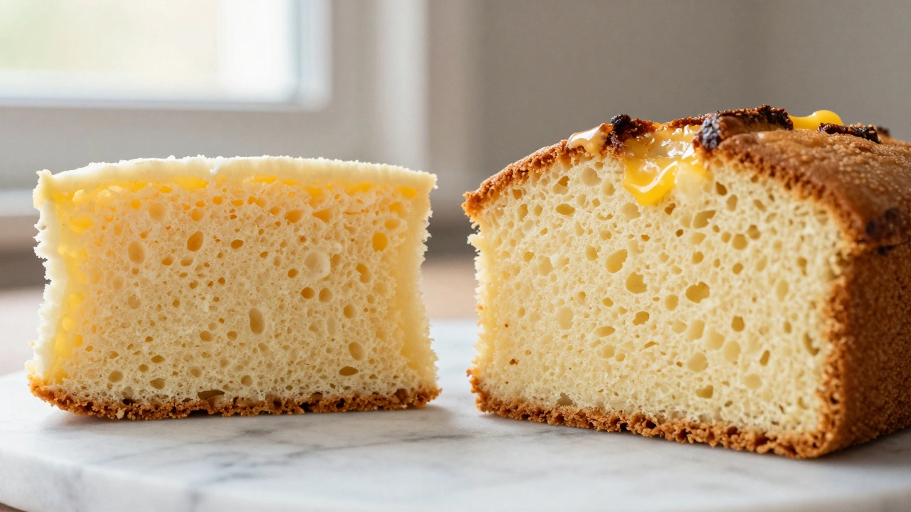Close up comparison of spongy box cake crumb versus tender homemade cake texture