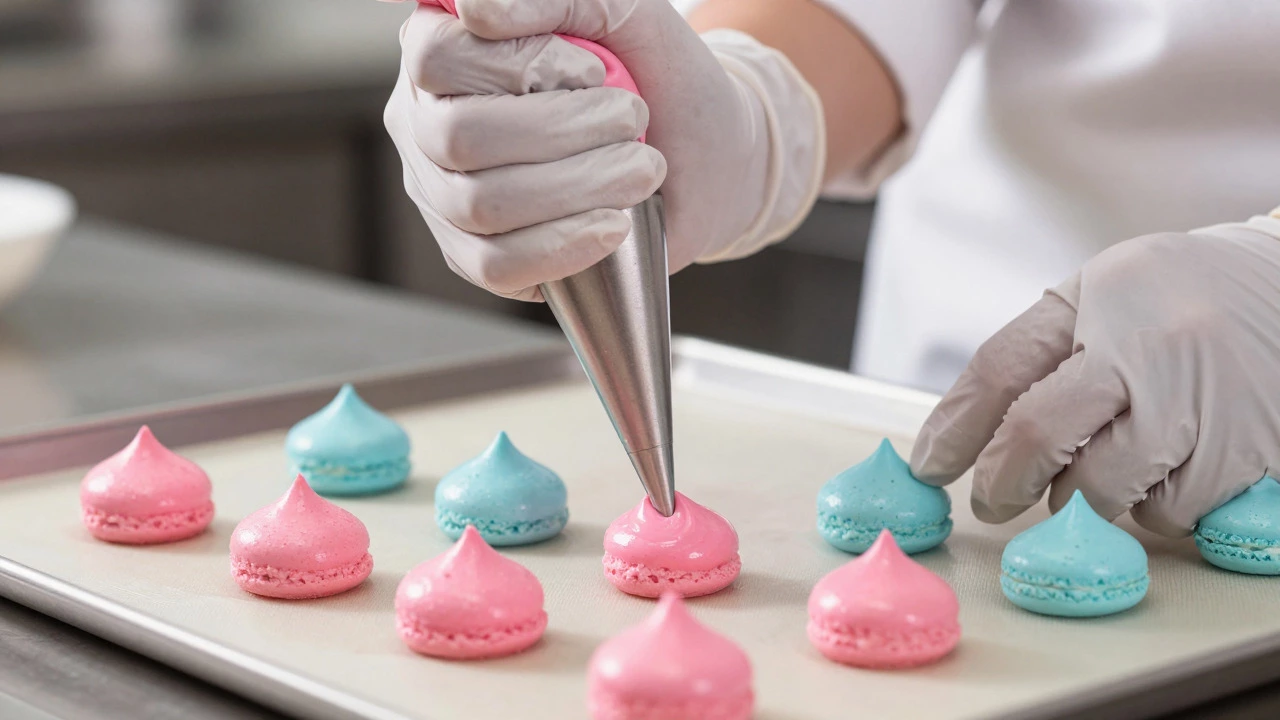 Close-up of baker piping colorful macaron batter onto a baking sheet