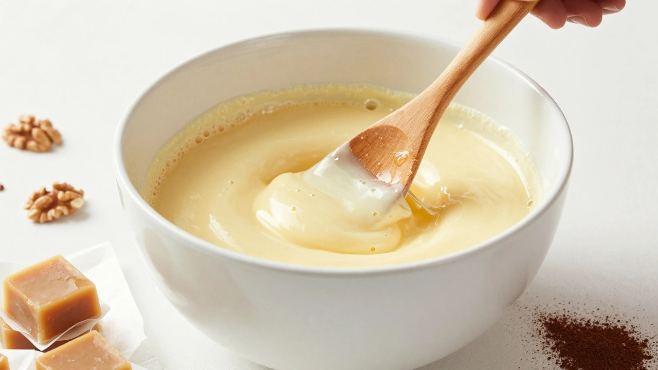 Creamy fudge mixture being beaten in a white bowl
