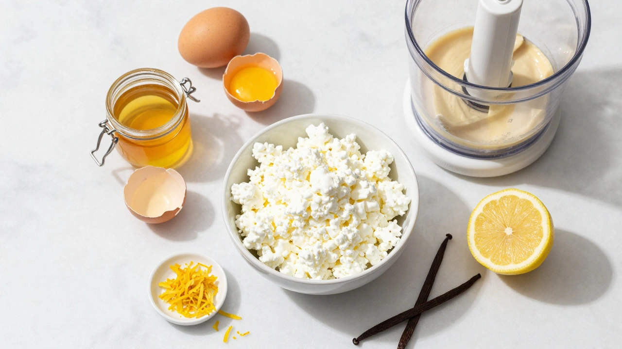 Fresh ingredients like cottage cheese and eggs arranged on a marble counter