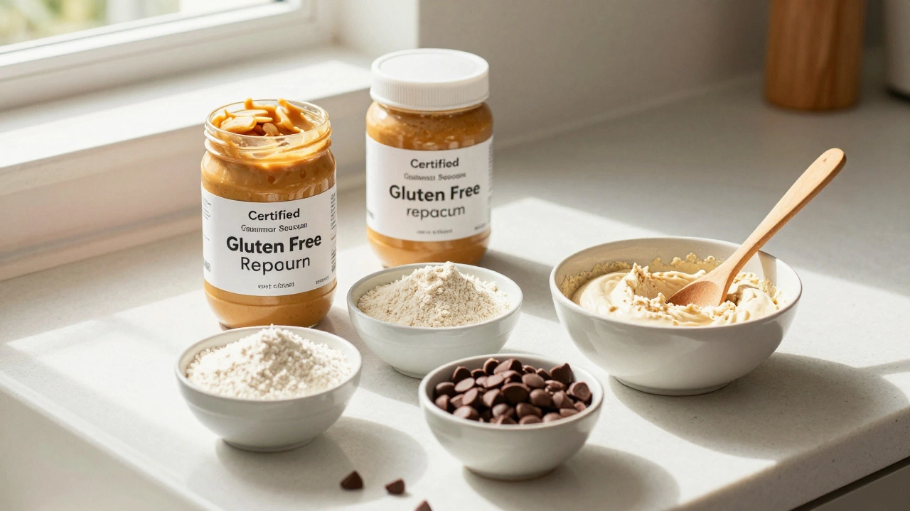 Gluten-free baking ingredients including peanut butter on kitchen counter