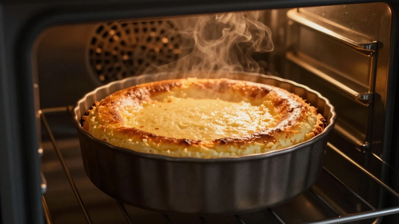 Golden-brown Sicilian cheesecake cooling in an oven with door ajar