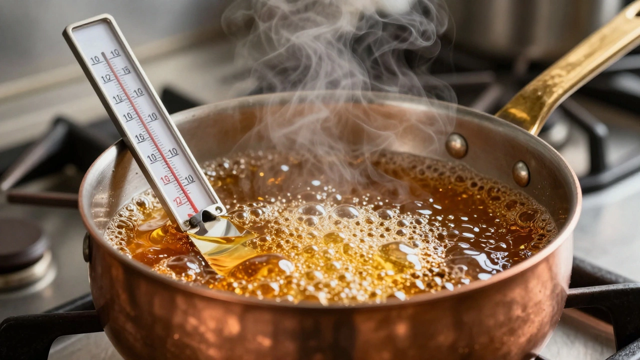 Golden sugar syrup boiling in a copper pot with a thermometer