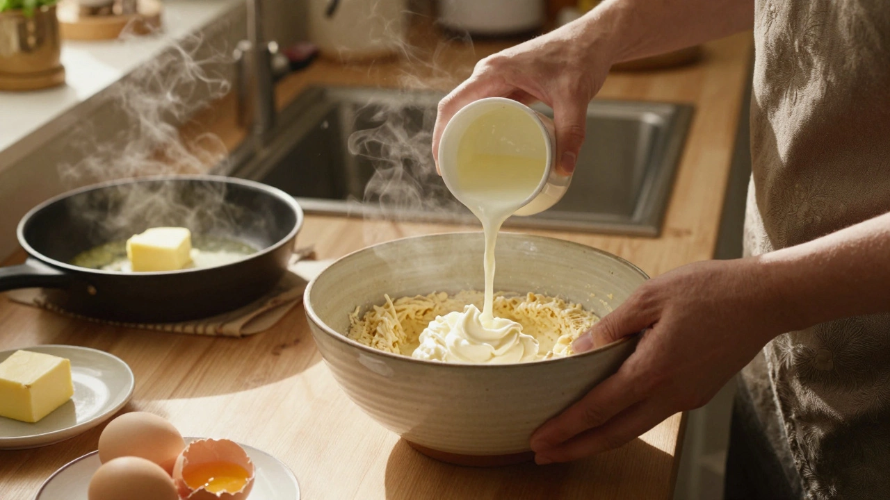 Hands upgrading box cake batter with milk, eggs, and sour cream in a kitchen