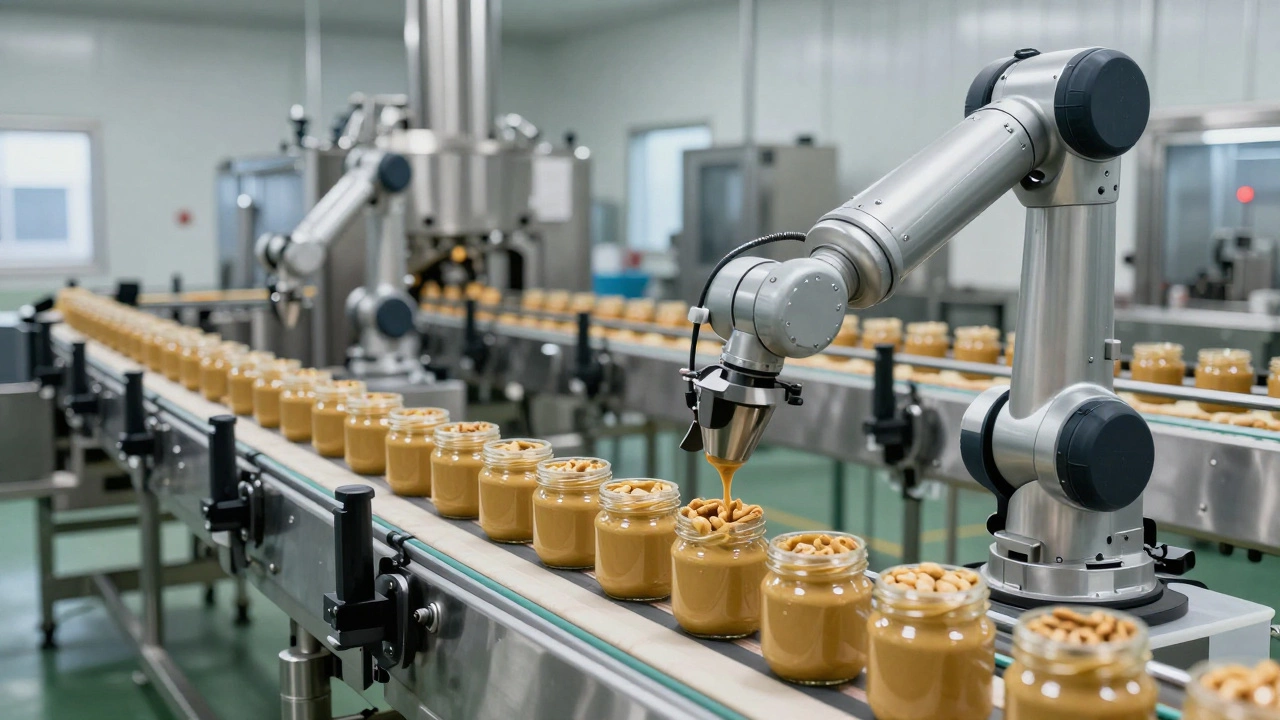 Industrial factory floor showing peanut butter and wheat product lines