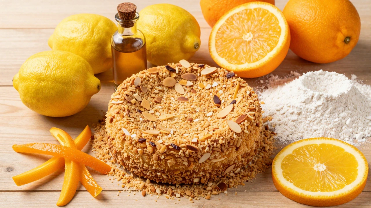 Ingredients for Sicilian cheesecake: biscotti crumbs, lemons, oranges, and semolina