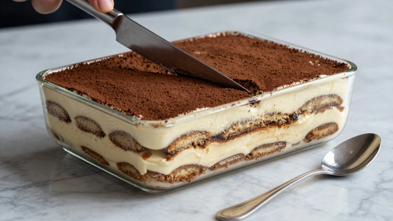 Knife cutting layered tiramisu in a glass dish