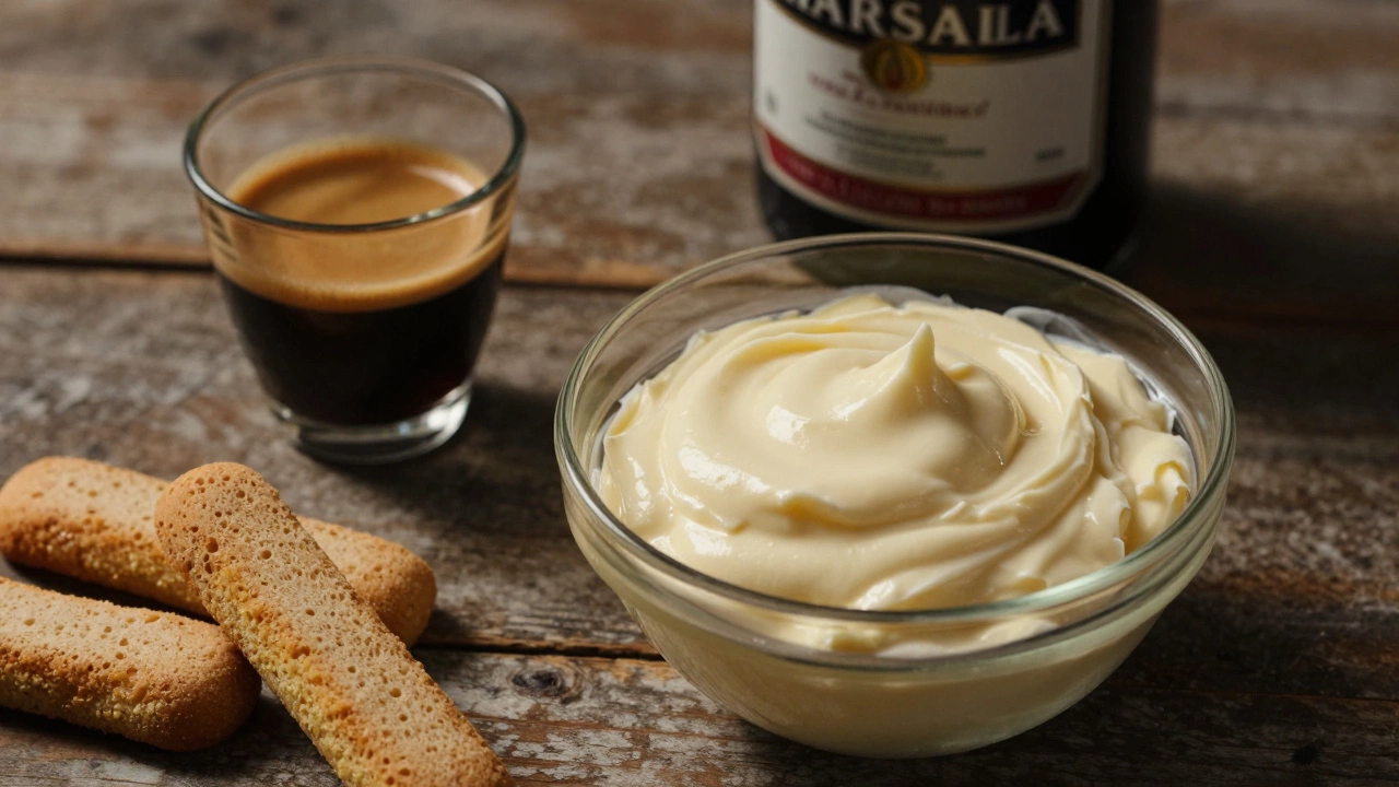 Mascarpone, espresso, and ladyfingers on a wooden table