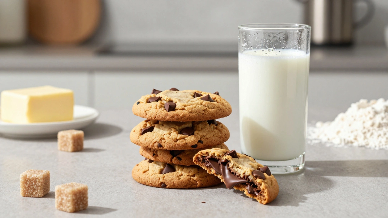 Stack of chocolate chip cookies with a glass of cold milk on a counter