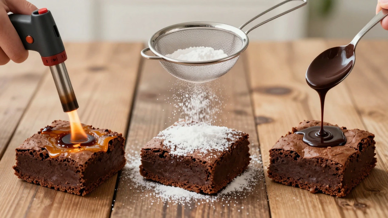 Three methods to fix pale brownies: torching, sugar dusting, and chocolate glazing.