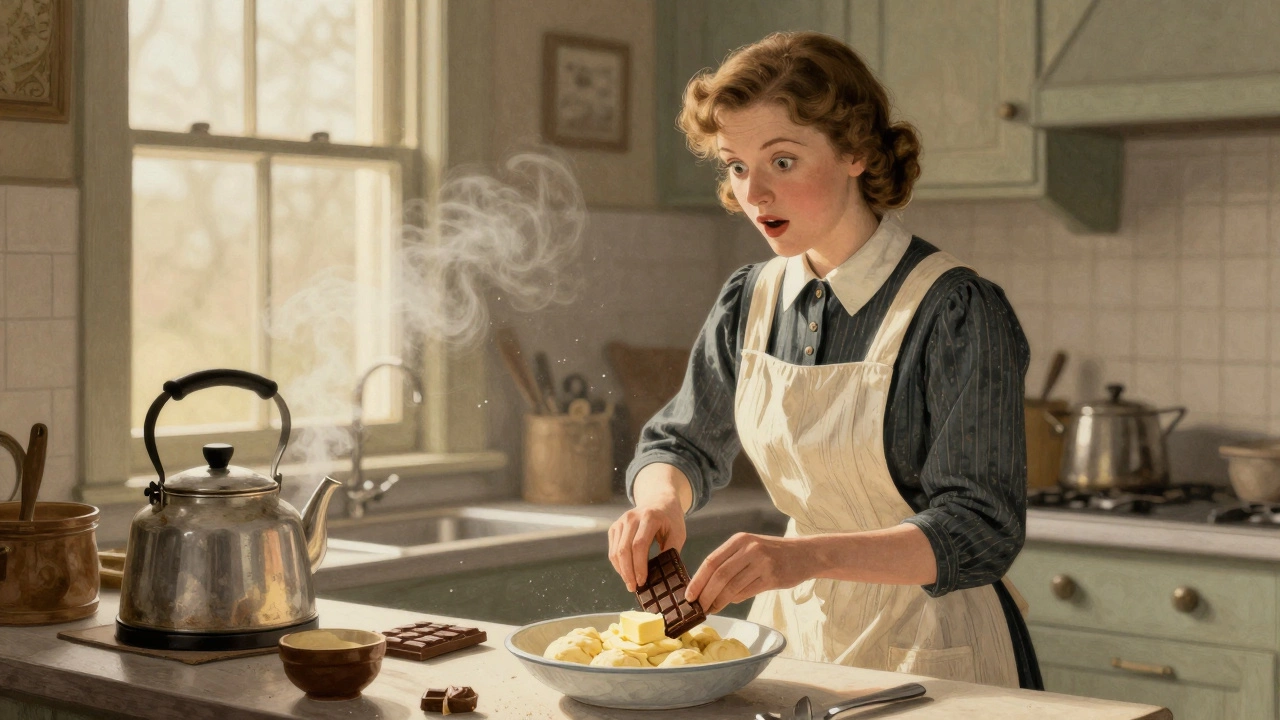 Vintage illustration of a woman inventing chocolate chip cookies in 1930s