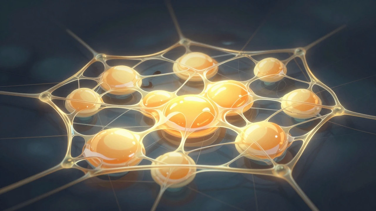 Abstract visualization of protein networks binding cheesecake ingredients