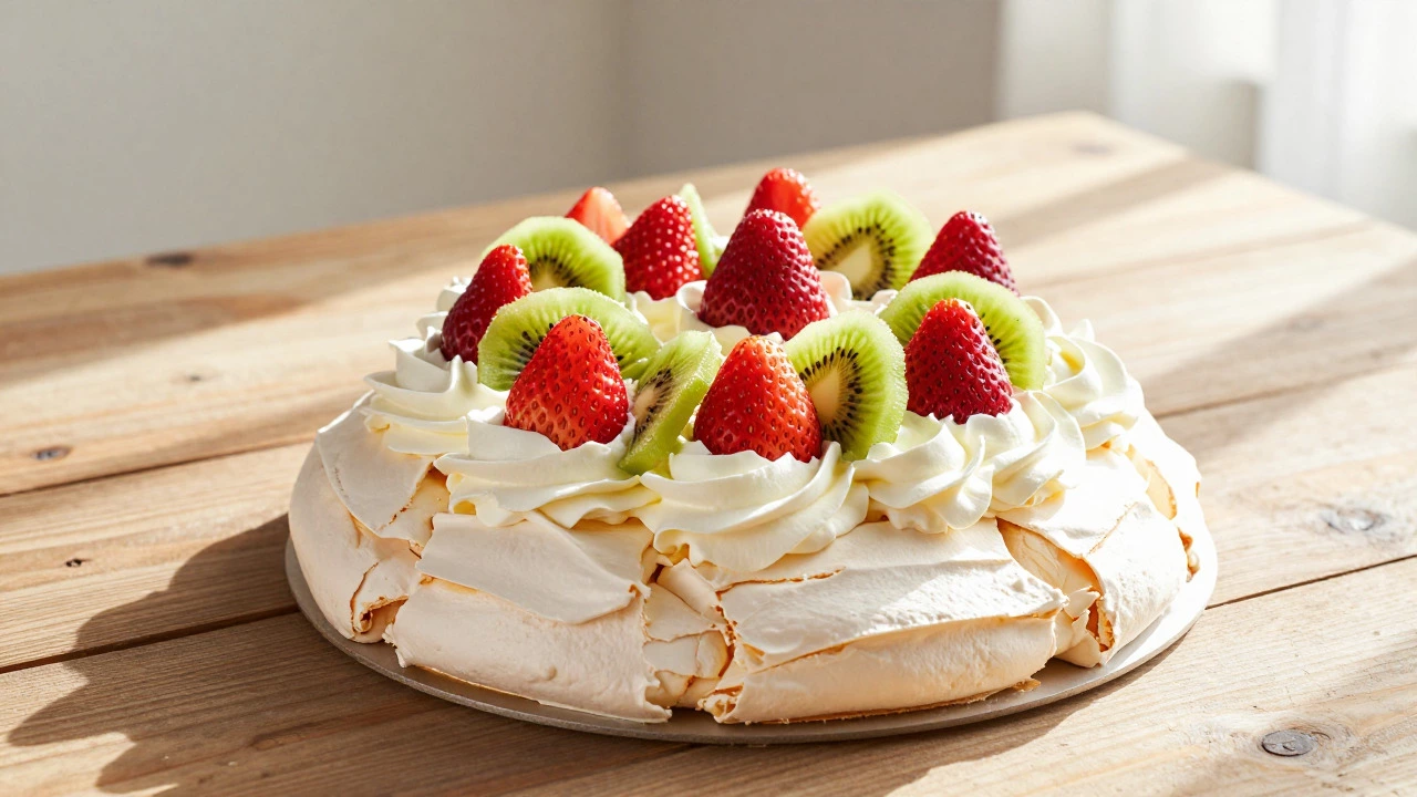 Assembled pavlova with cream and berries