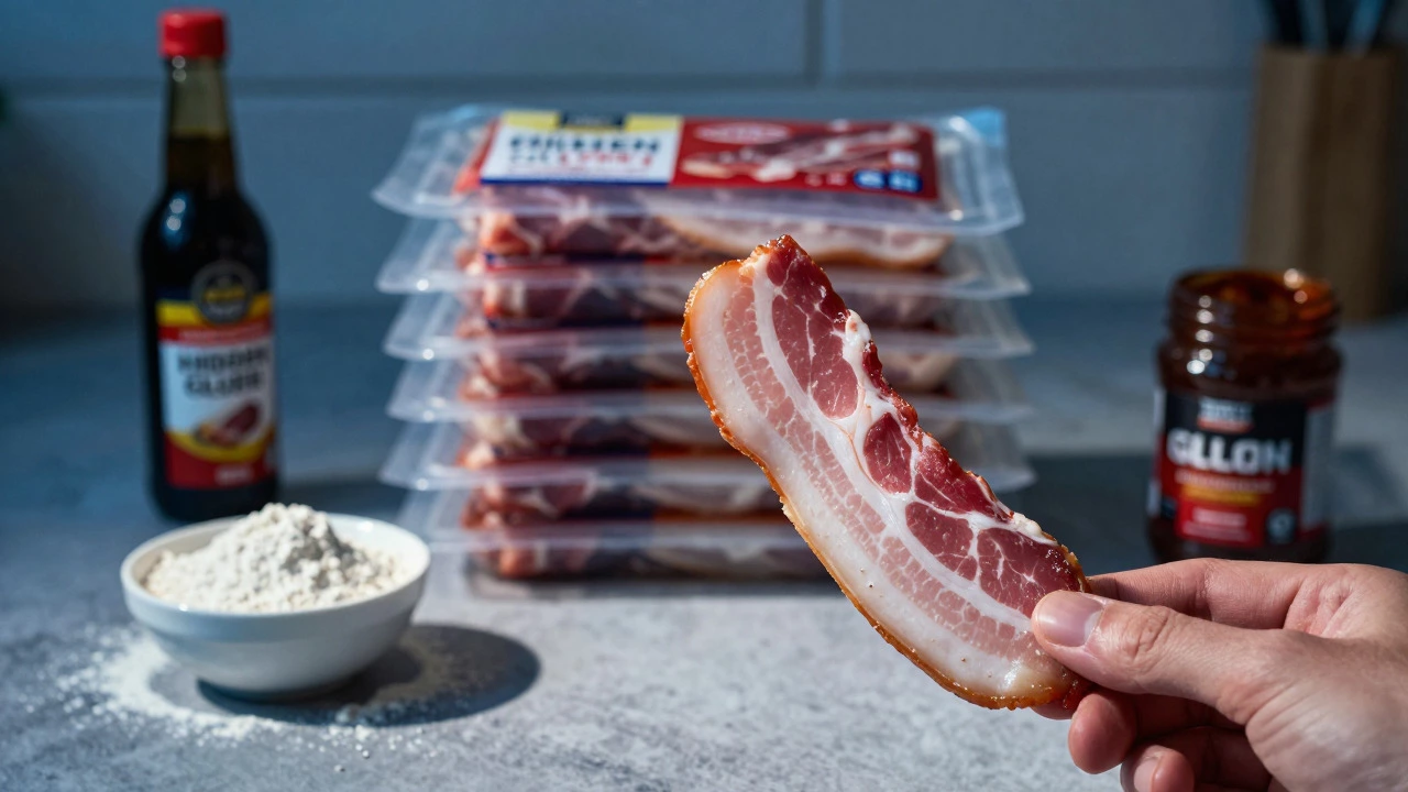 Bacon slice held above blurred packaging and flour bowls