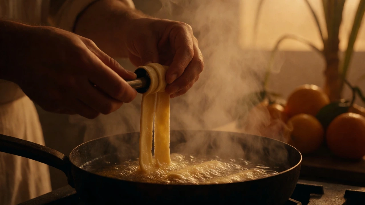Baker frying dough-wrapped pipes to make cannoli in a historic Sicilian kitchen