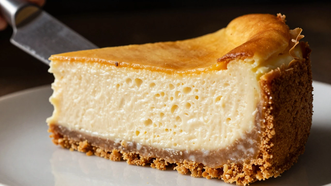 Close-up of a dense cheesecake slice being cut, showing firm texture