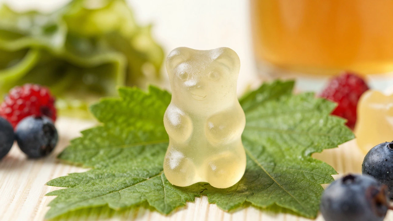 Close-up of a translucent pectin-based gummy bear on fresh leaves