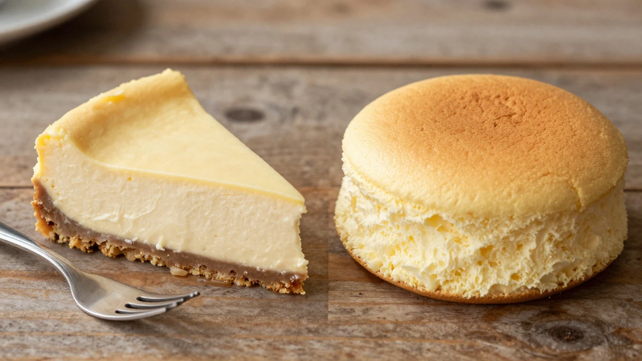 Comparison of dense New York and airy Japanese cheesecakes