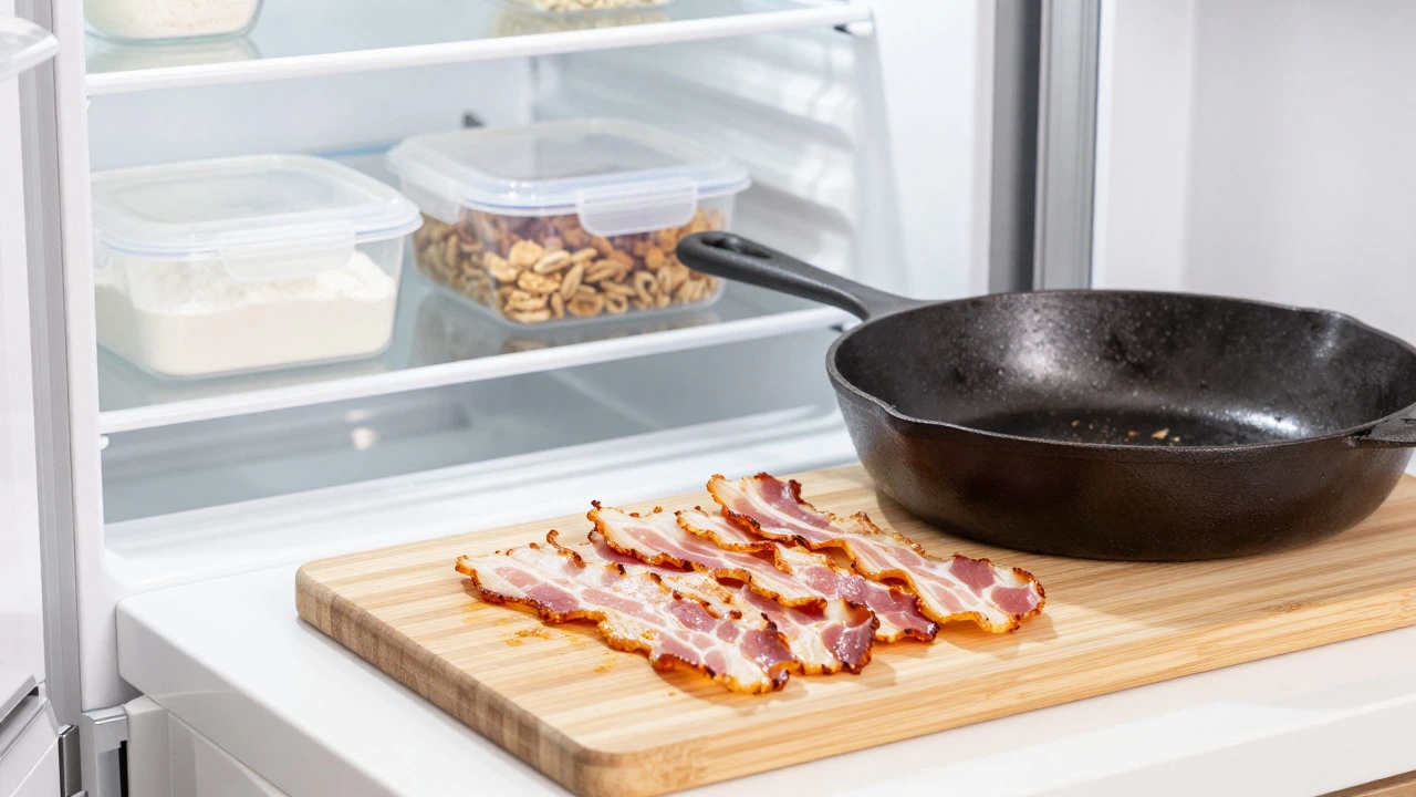 Cooked bacon on a clean cutting board next to a washed skillet