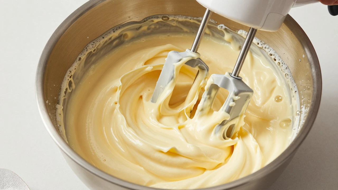 Creamed butter and sugar mixture in a mixing bowl with a hand mixer