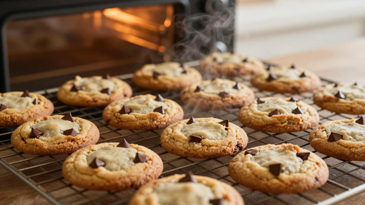 Freshly baked chocolate chip cookies cooling on a wire rack