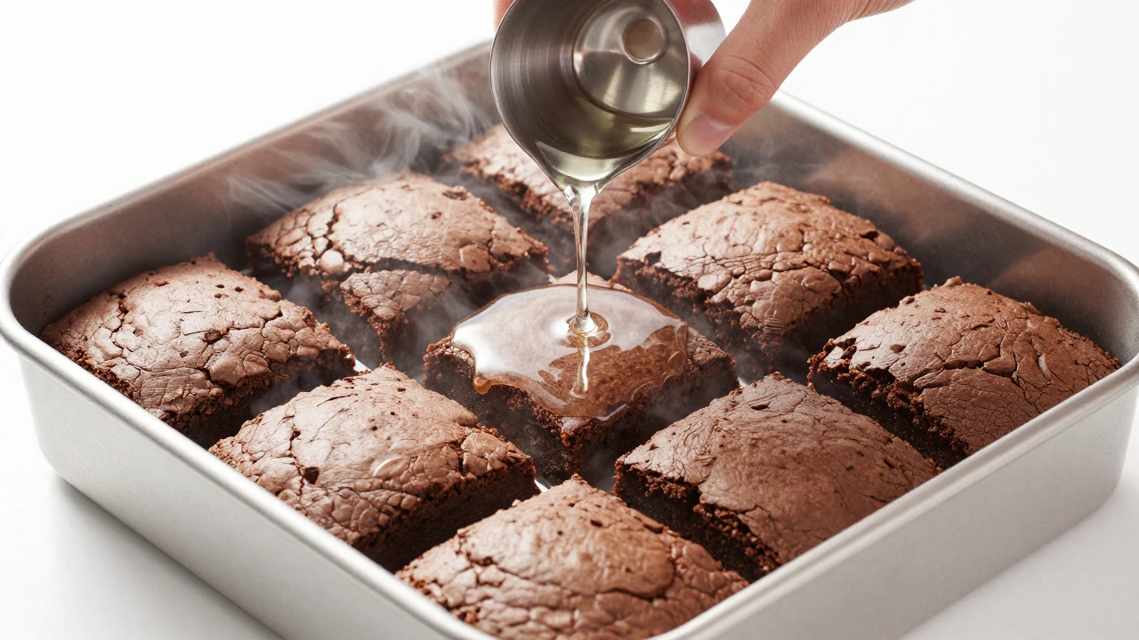 Hand pouring syrup over brownies in a steaming water bath rescue setup