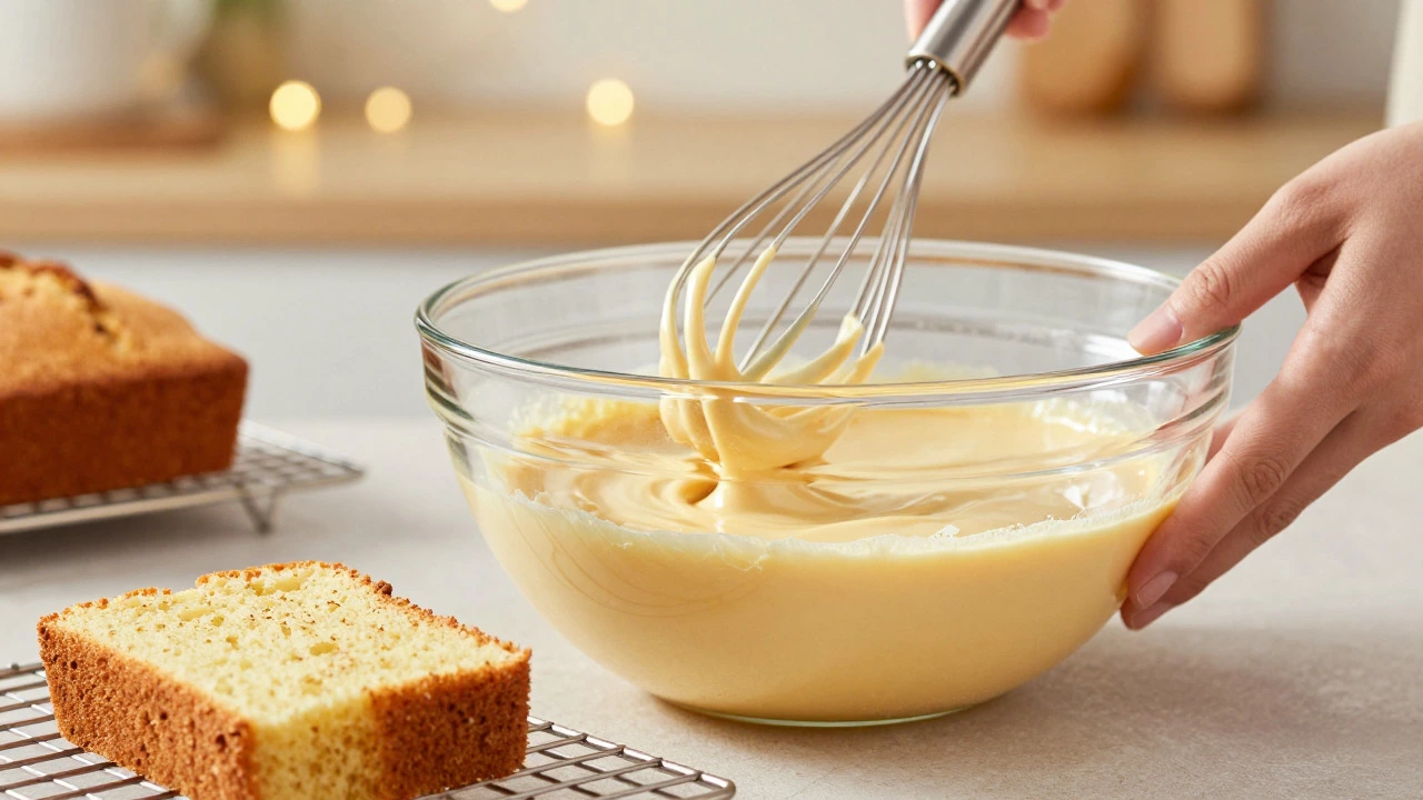 Hand whisking smooth gluten-free batter next to a slice of moist, finished cake