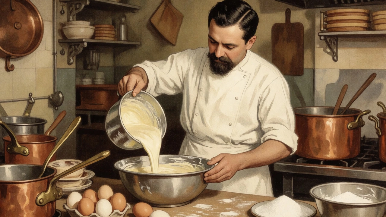 Historical depiction of making rich New York style cheesecake batter