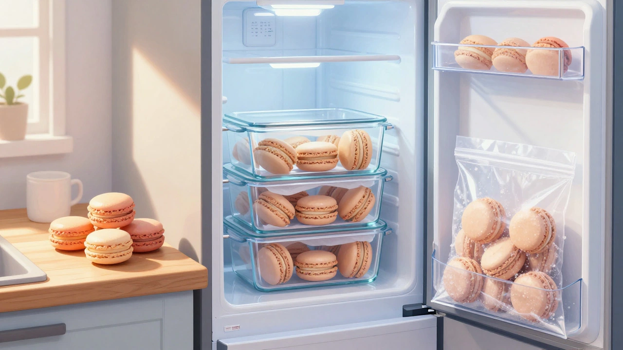 Macarons stored in room temp, fridge, and freezer settings