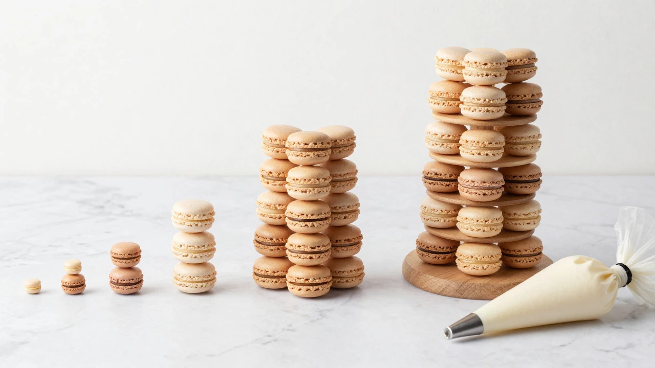 Mini, standard, and jumbo macarons next to an empty tower stand