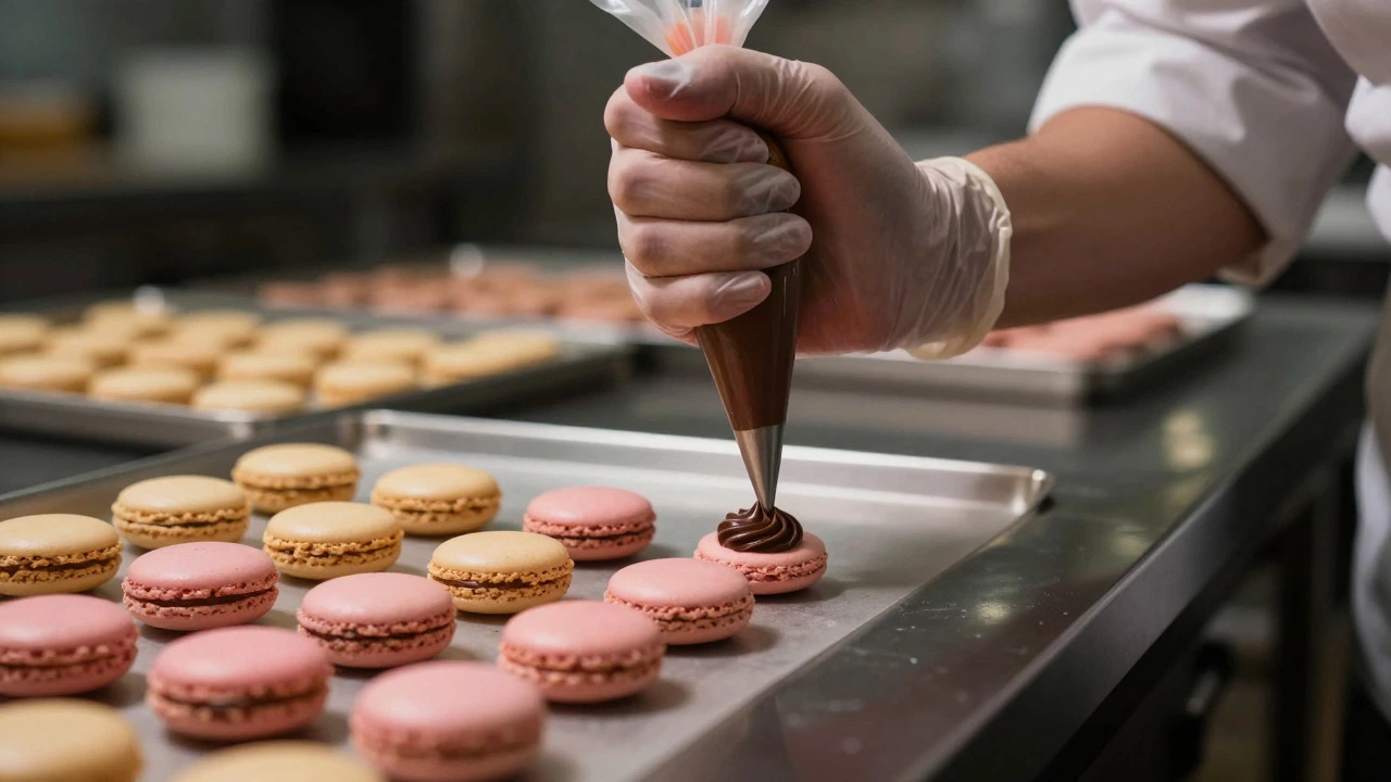 Pastry chef piping filling onto a macaron shell in a kitchen