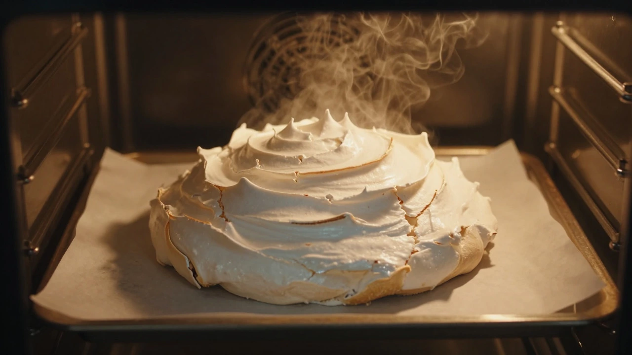 Pavlova baking in a warm oven