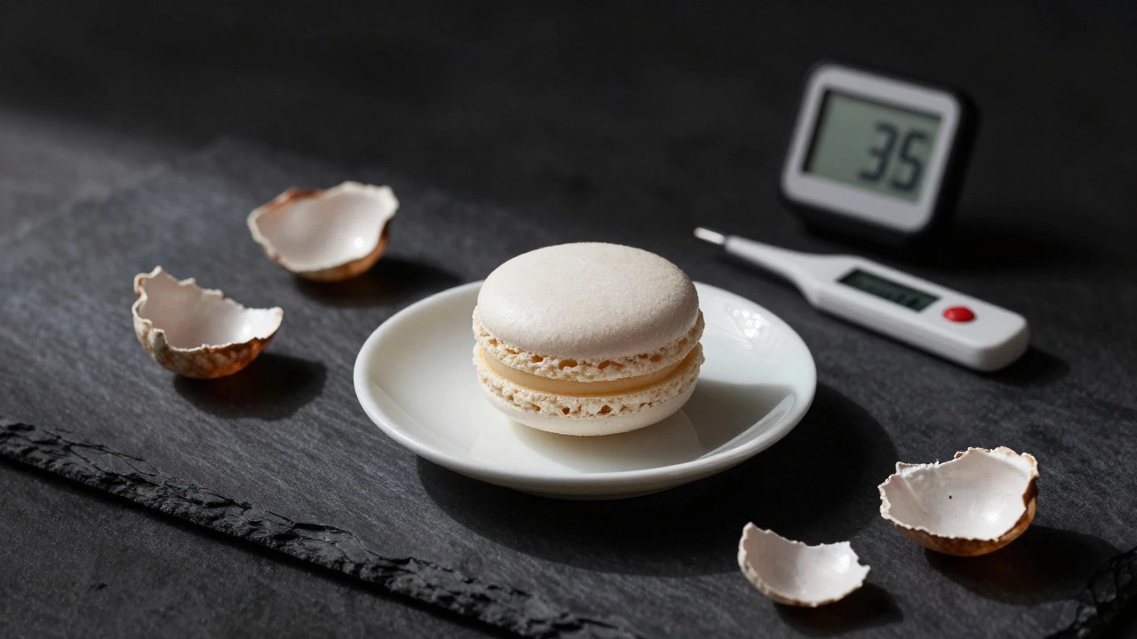 Perfect macaron next to cracked shells and temperature gauges