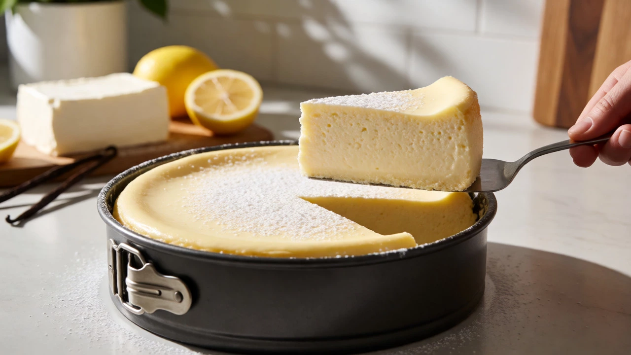 Perfectly sliced creamy New York Cheesecake on a serving plate