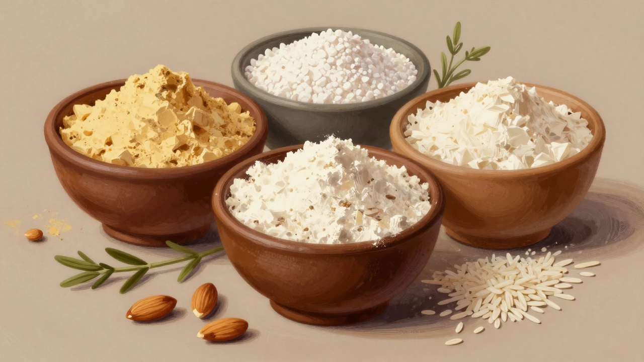 Rustic bowls filled with almond, tapioca, and rice flour arranged in a warm still life
