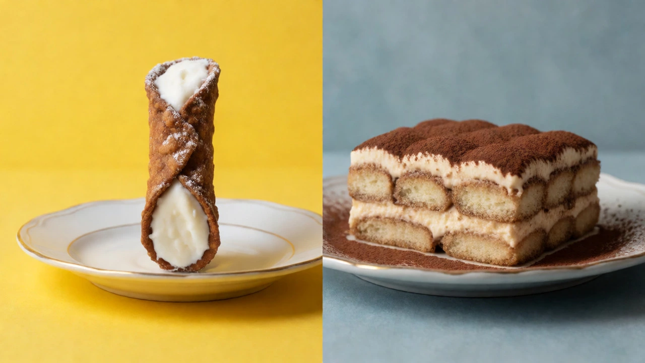 Side-by-side comparison of a crispy cannolo and a soft slice of tiramisu