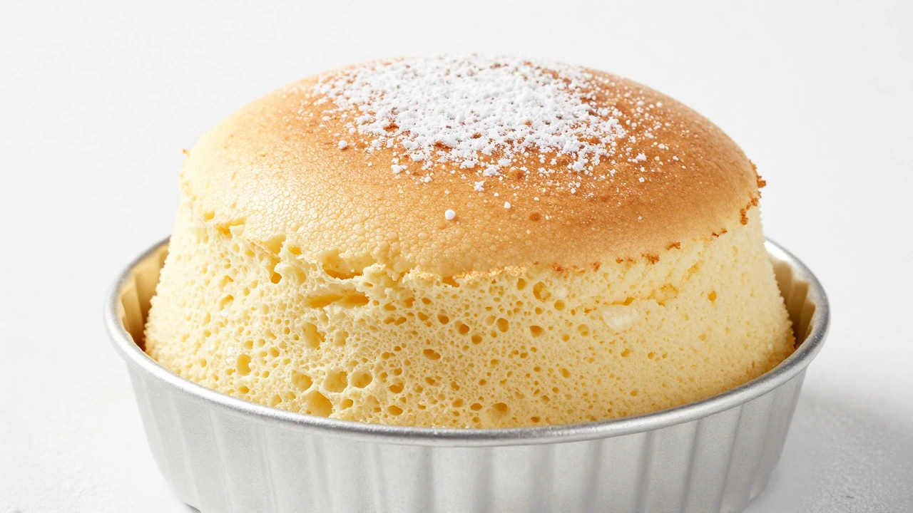 Tall, fluffy Japanese soufflé cheesecake dusted with sugar