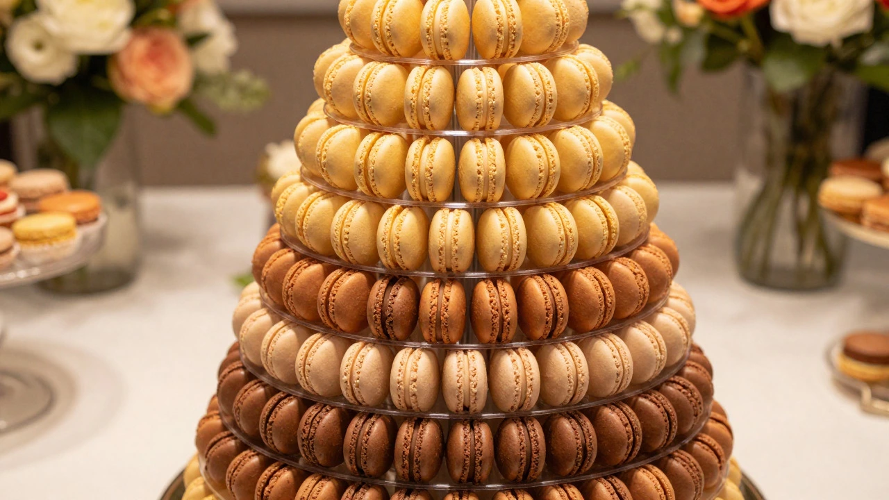 Tall macaron tower with gradient colors on a dessert table