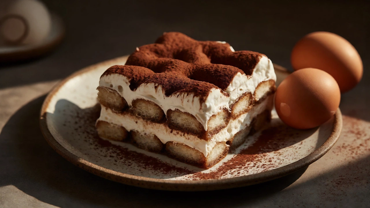 A slice of tiramisu served on a plate next to two whole brown eggs under moody lighting.