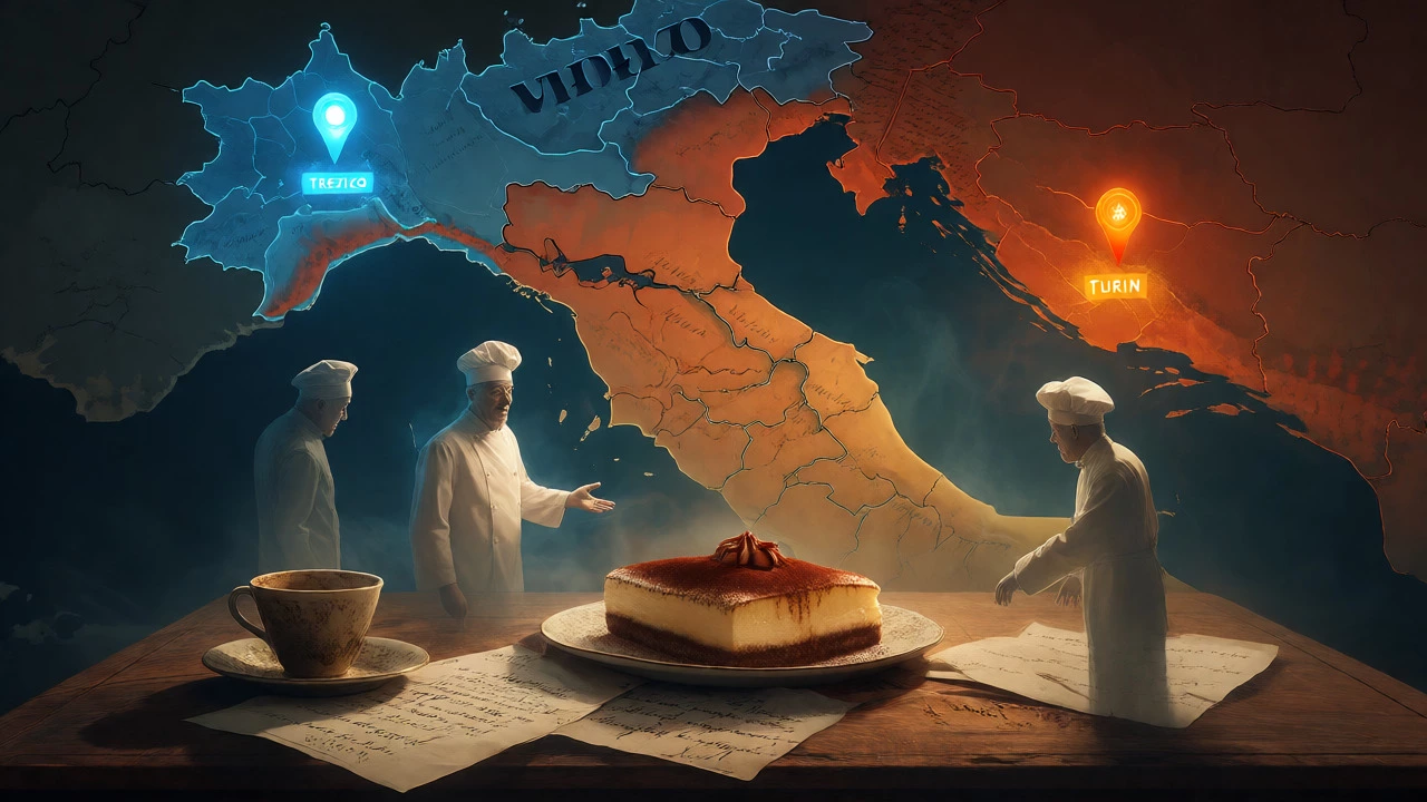 Artistic depiction of the regional debate over tiramisu origins in Italy