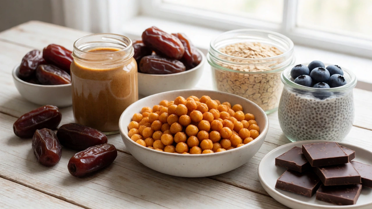 Assorted vegan snacks including roasted chickpeas, nuts, and dark chocolate.