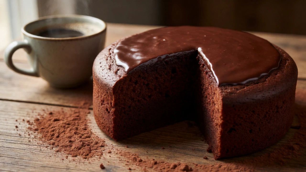 Close-up of a moist chocolate sponge cake with ganache next to a cup of coffee.