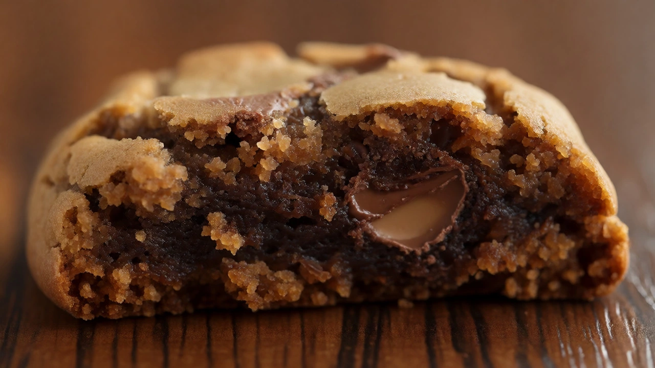 Close-up of broken cookie revealing dense, fudgy interior texture