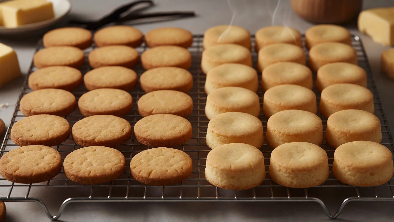 Comparison of flat standard cookies vs tall puffy double-egg cookies