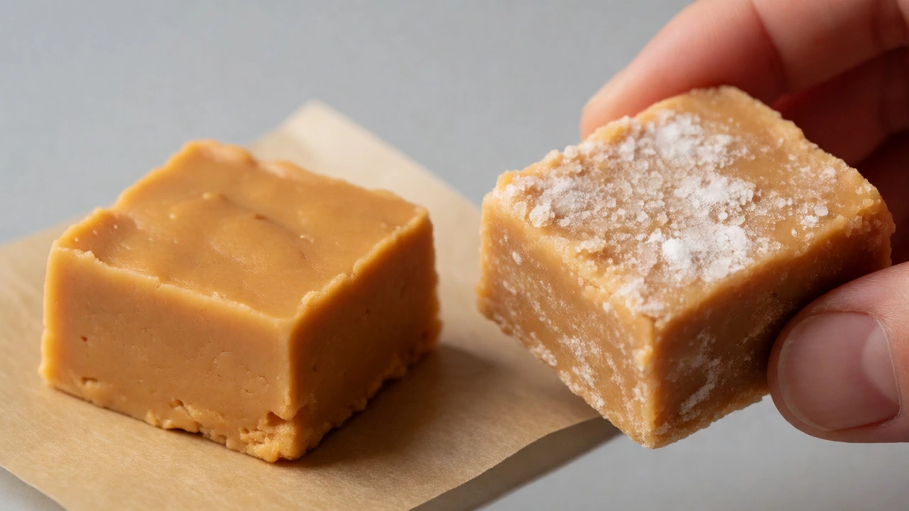Comparison of smooth fresh fudge versus old fudge with white sugary crystals on its surface.