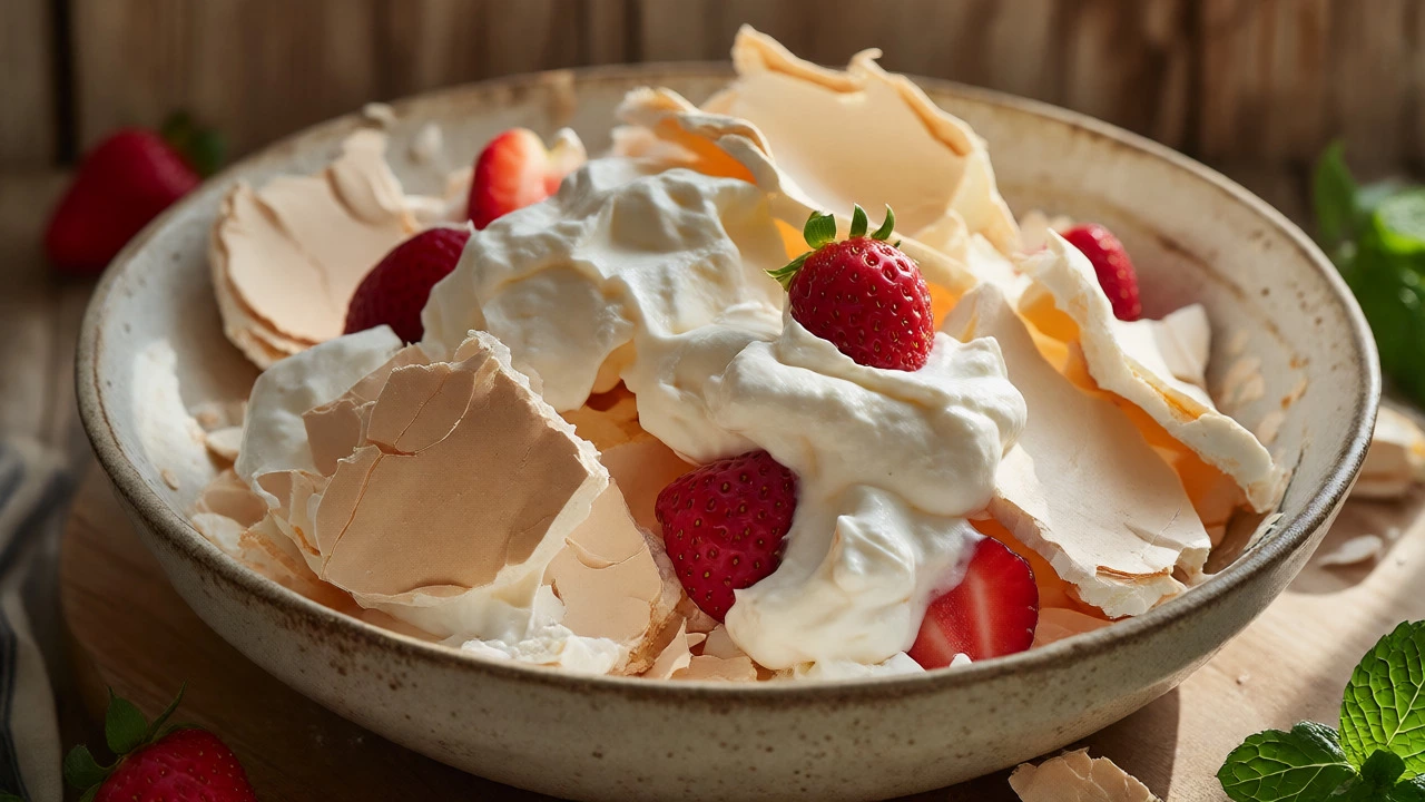 Deconstructed pavlova bowl with broken meringue, cream, and strawberries.