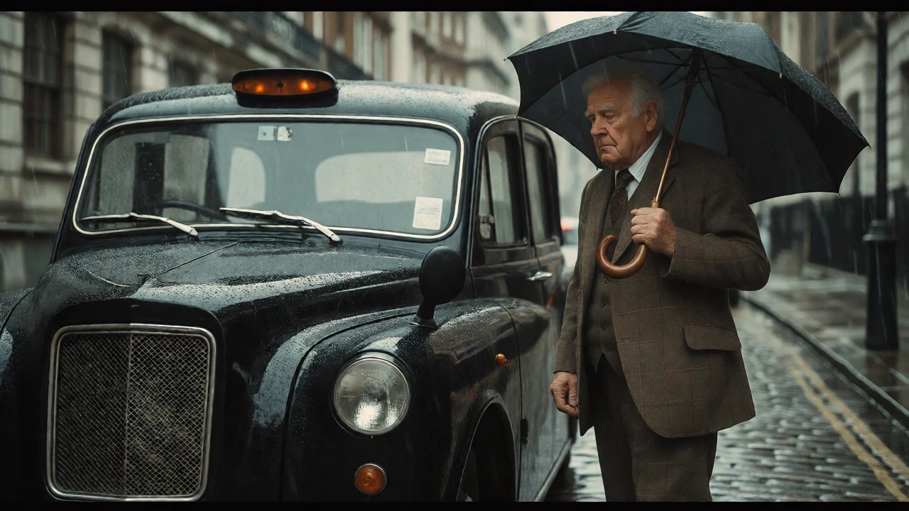 Elderly man in tweed looking frustrated at a broken taxi in rain