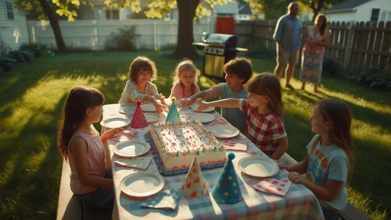Family celebrating around a sheet cake at a backyard party