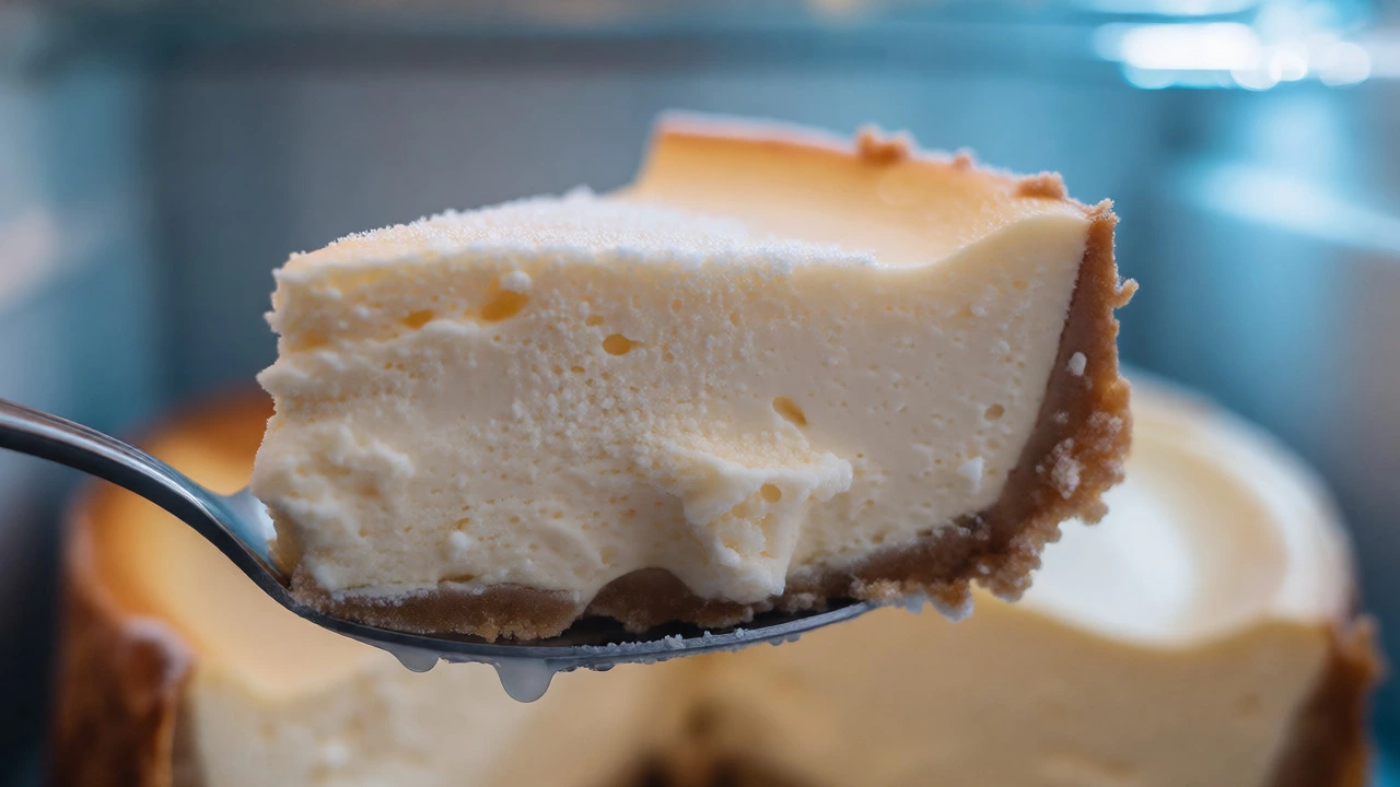 Frozen cheesecake slice with icy texture