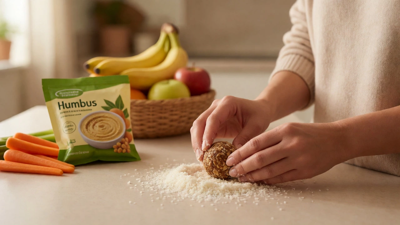 Hands making no-bake energy balls from dates and oats in a kitchen.